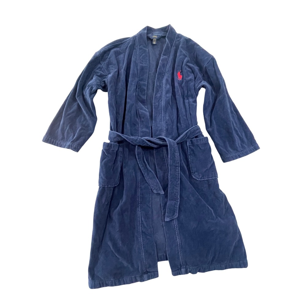 Polo Ralph Lauren Mens Navy Blue Velour Terry Cloth Robe L/XL Red Pony Logo‎